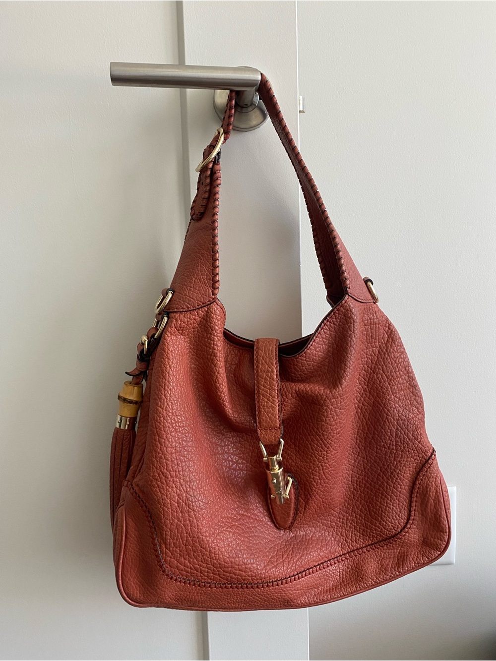 Gucci Jackie Vintage Y2K Leather Hobo Bag in Rust Orange with Bamboo Tassel